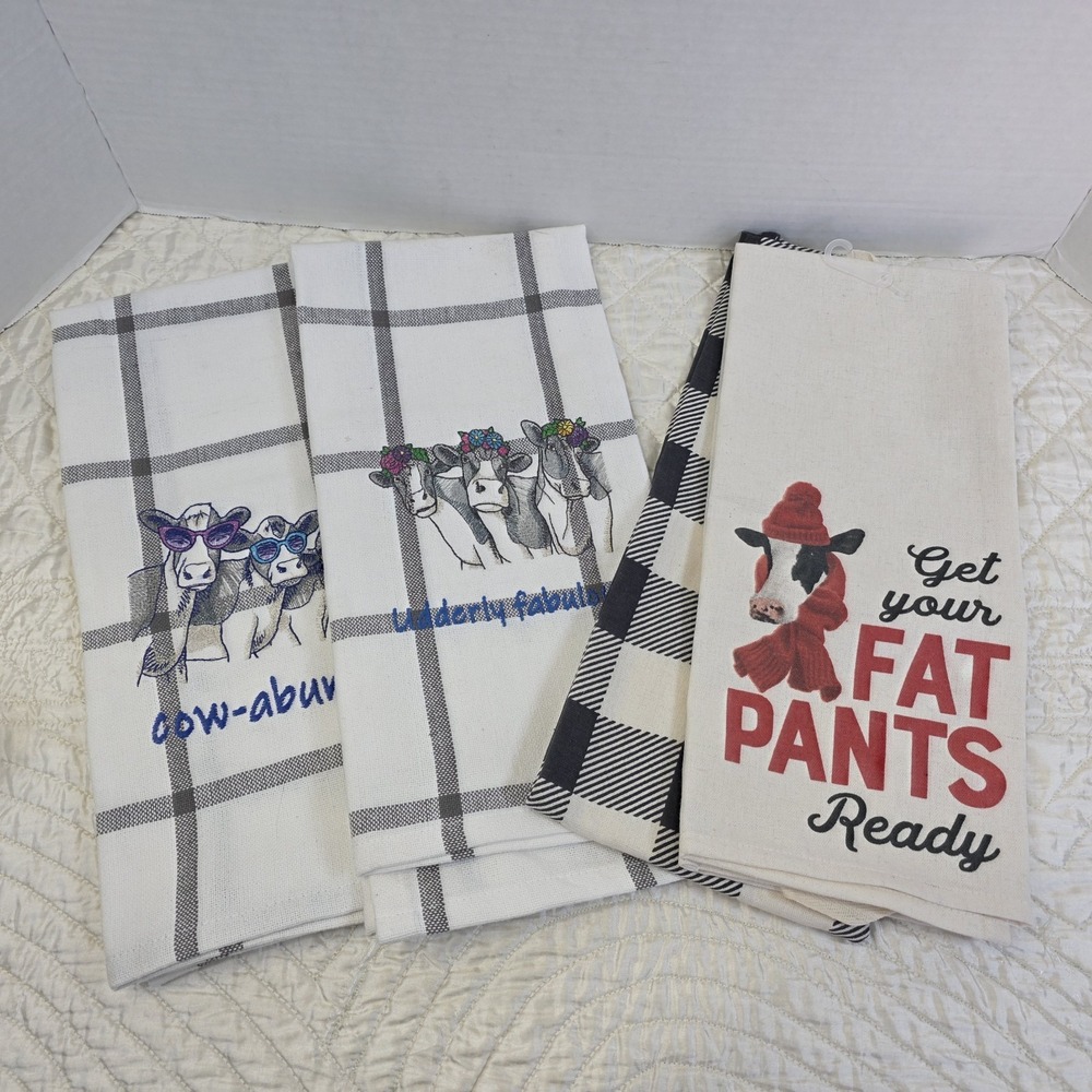 Lot Of 4 Funny Cow Kitchen Towels Silly Sarcasm‎ Windowpane Buffalo Plaid
